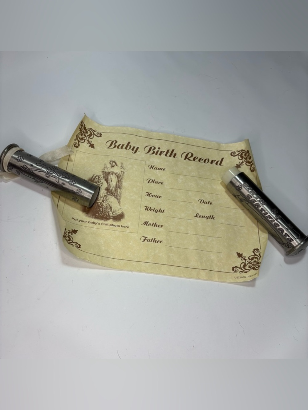 Baby Birth Record Certificate - Cream Keepsake metal tube